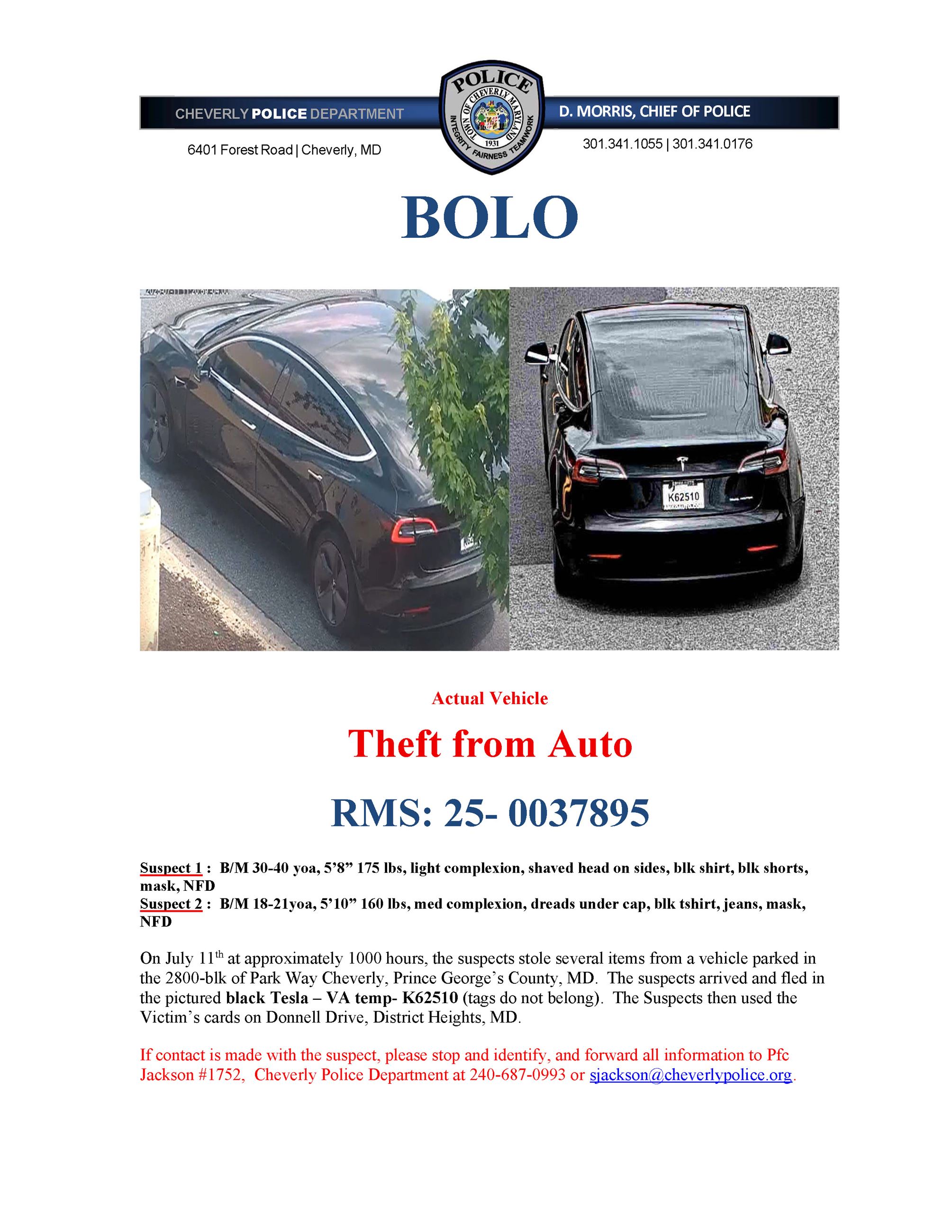 Theft from Auto Vehicle BOLO 25-0037895.