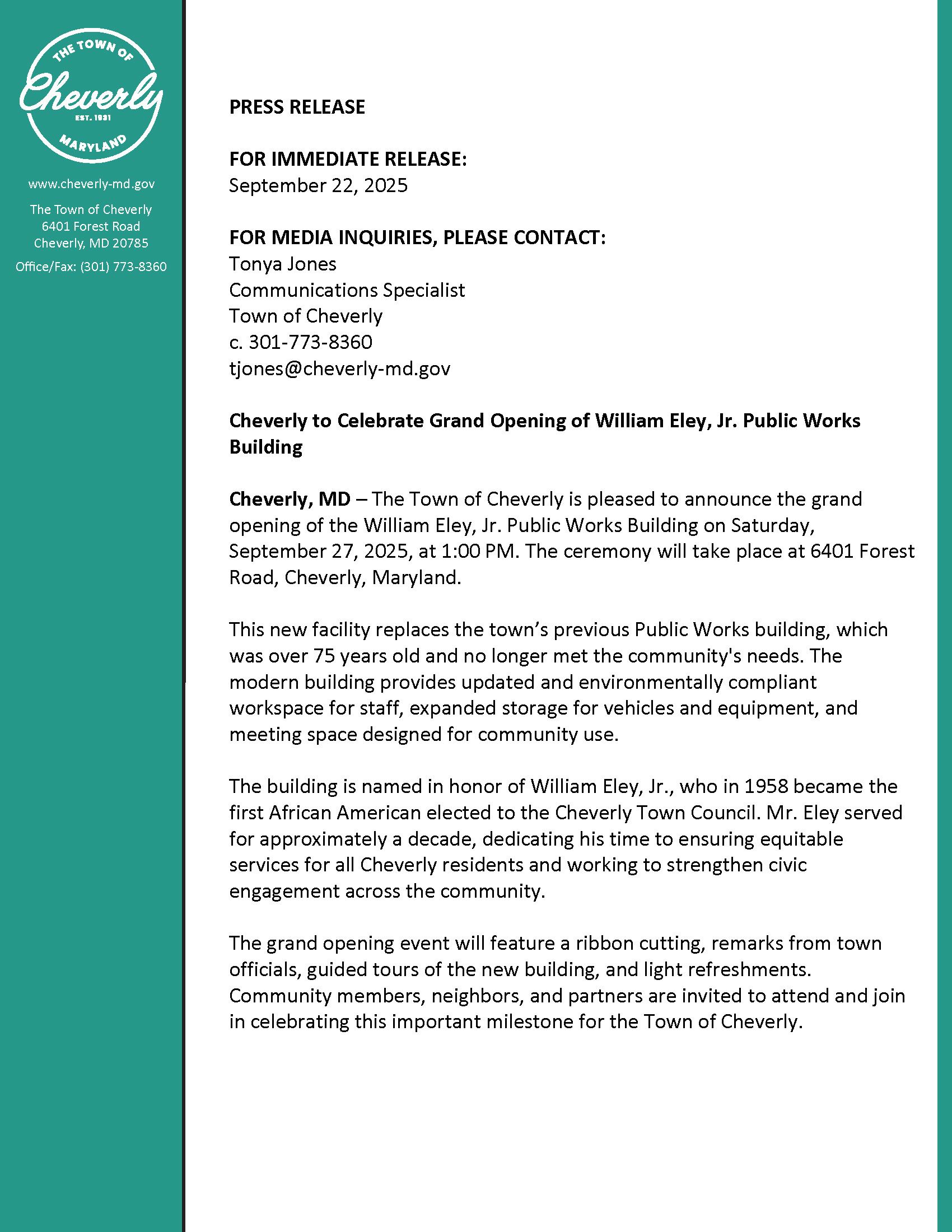 William Eley Jr. Public Works Building Press Release 9.22.23