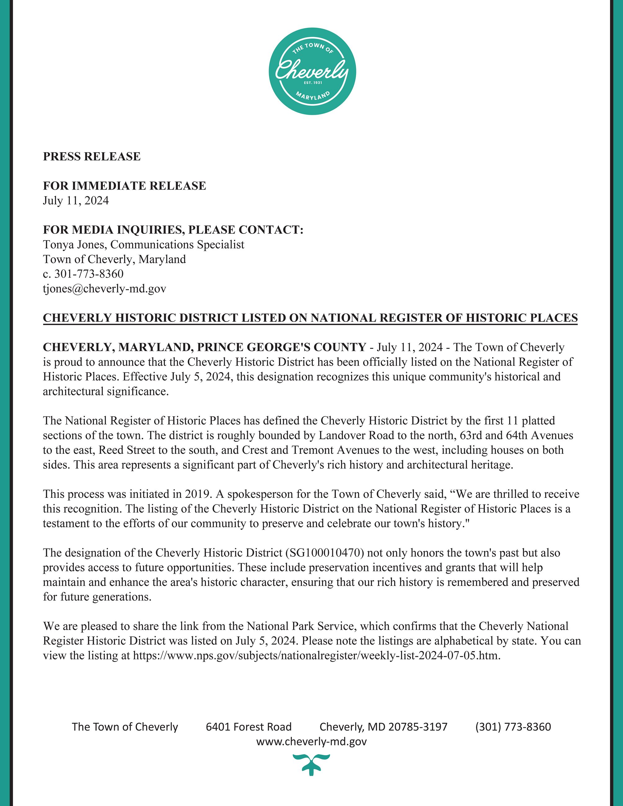 Press Release Cheverly Historic District Listed on National Registry of Historic Places