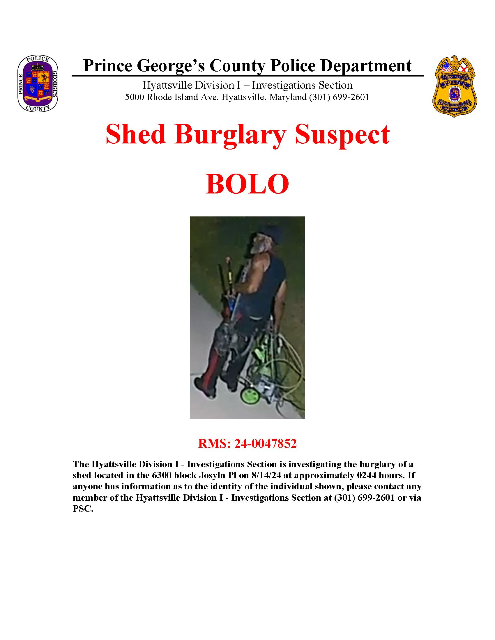 PD 8.14.24 shed Burglary BOLO suspect