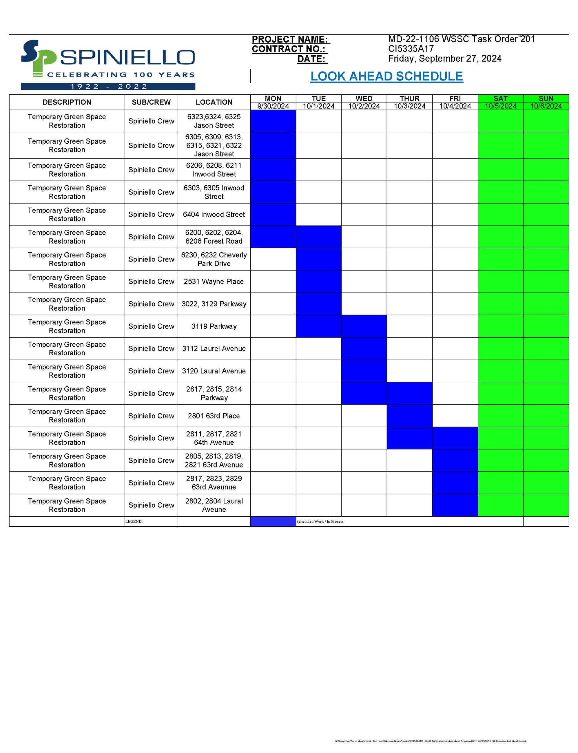 MD-22-1106 WSSC TO 201- Restoration Look Ahead Schedule 9.27.24