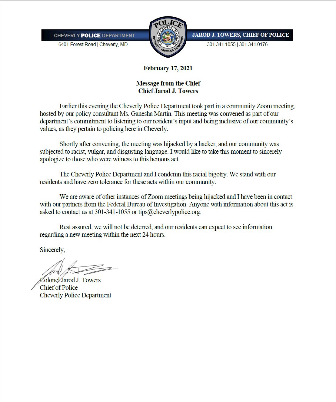 Message From Chief - 02.17.2021
