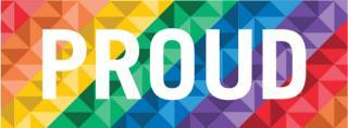Rainbow background with the word PROUD